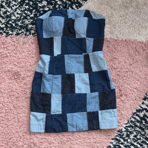 Amanda Uprichard Patchwork Denim Mini Dress in Light and Dark Blue